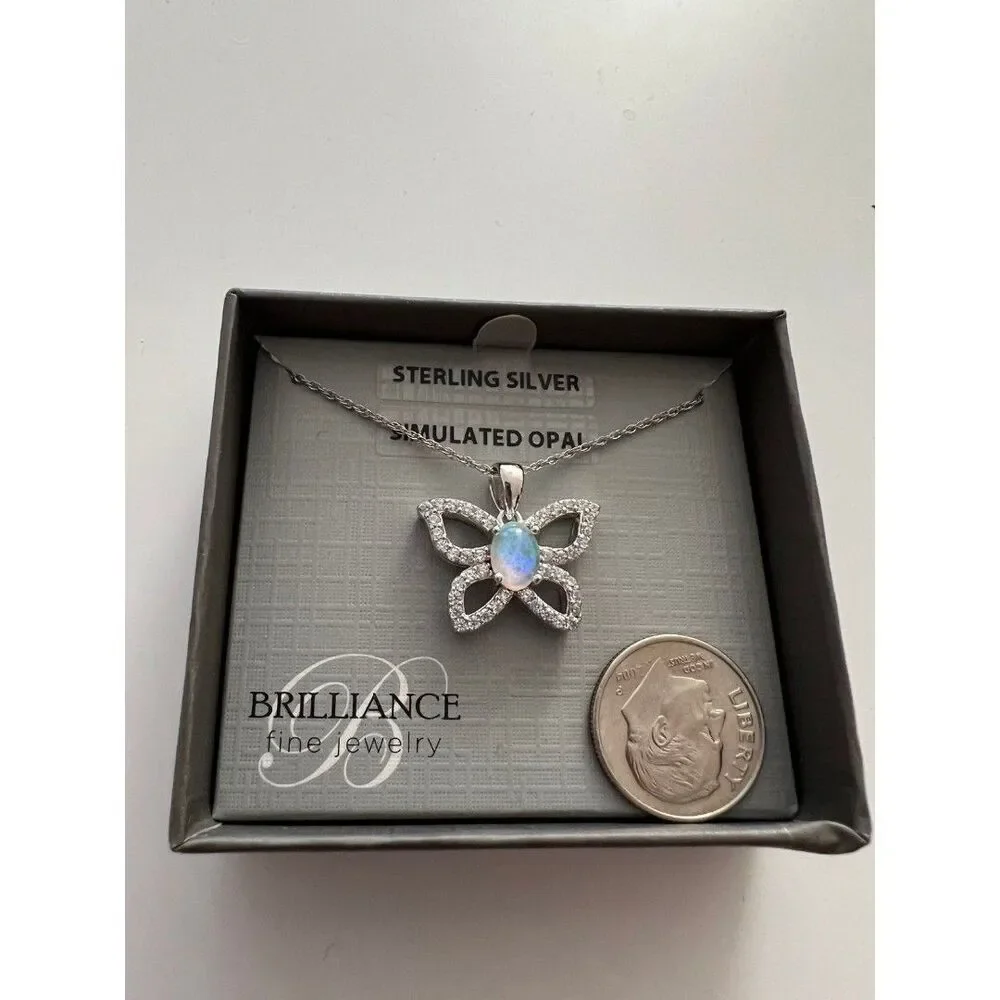 Necklace Butterfly Pendant Simulated Opal crystal details Sterling Silver New